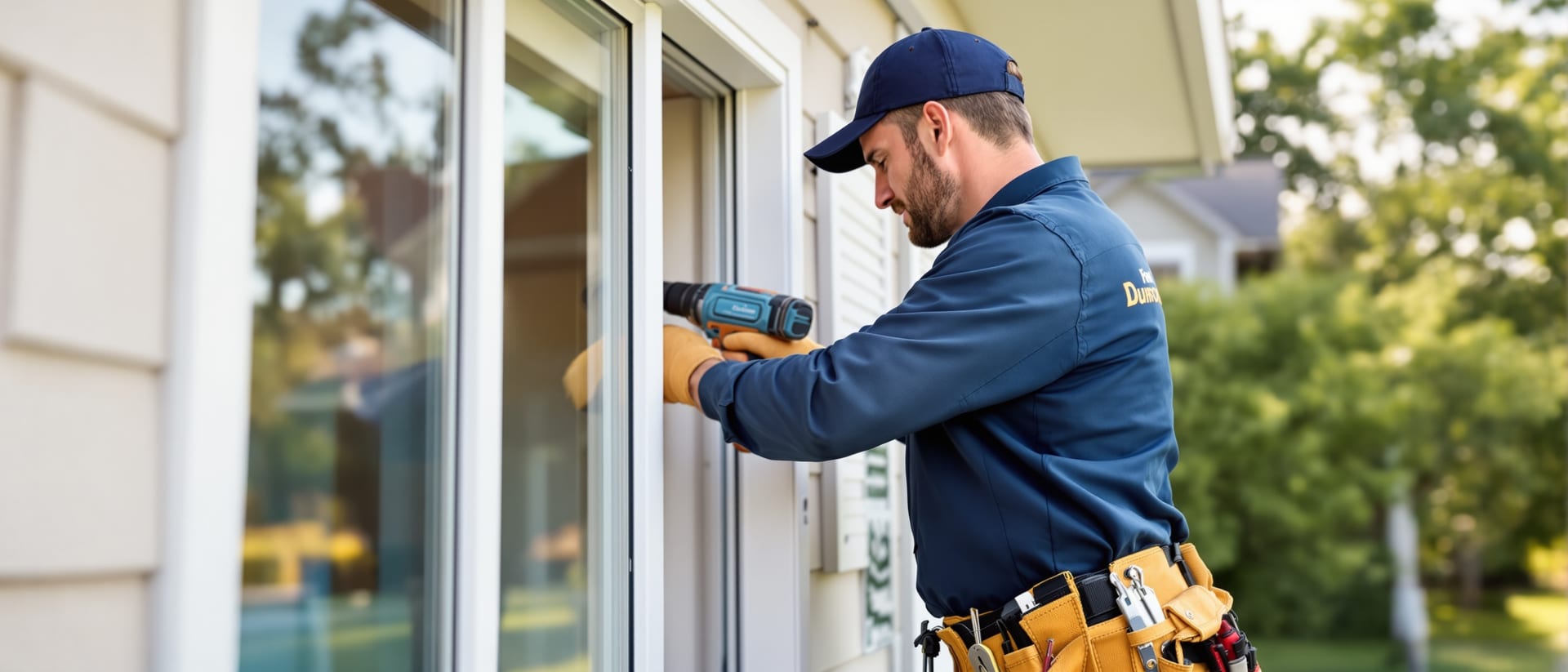 Residential window service technician documenting a warranty repair at ground level